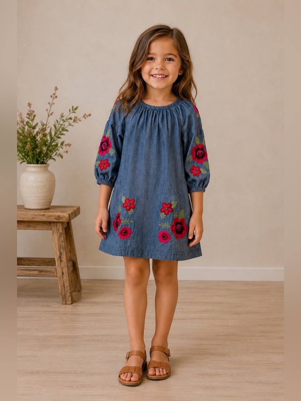 Girls Mud Pie Blue Dress w/ Red Floral Embroidery Sz 5T Cottagecore Spring‎